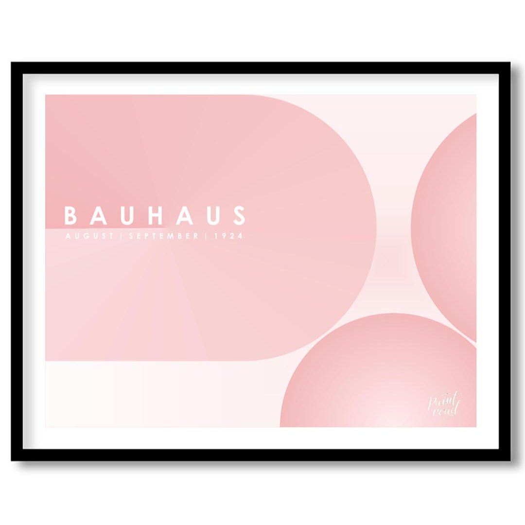 This ethereal Bauhaus-inspired poster features an expansive, soft pink color palette dominated by l… for area
