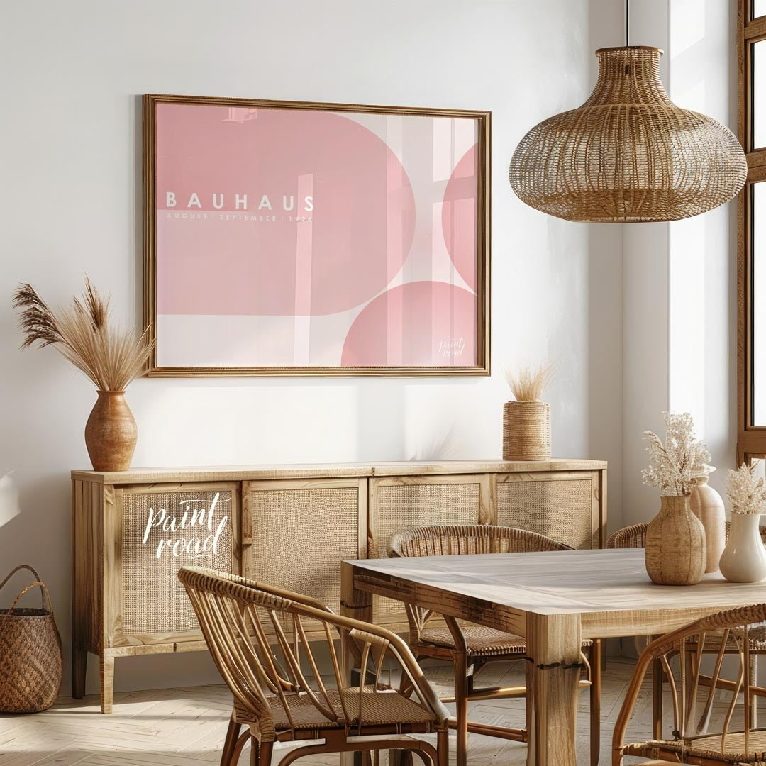 This ethereal Bauhaus-inspired poster features an expansive, soft pink color palette dominated by l… for dining room