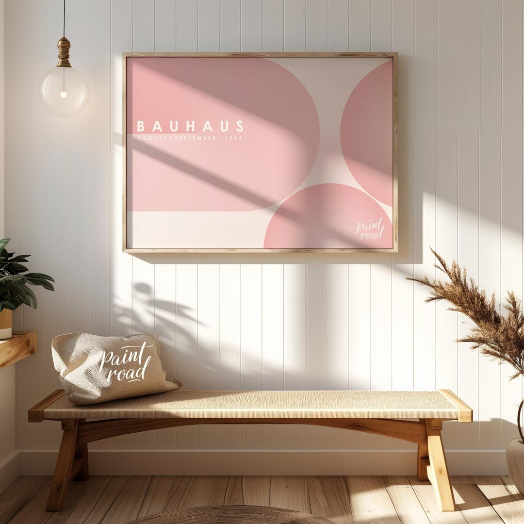 This ethereal Bauhaus-inspired poster features an expansive, soft pink color palette dominated by l… for entryway