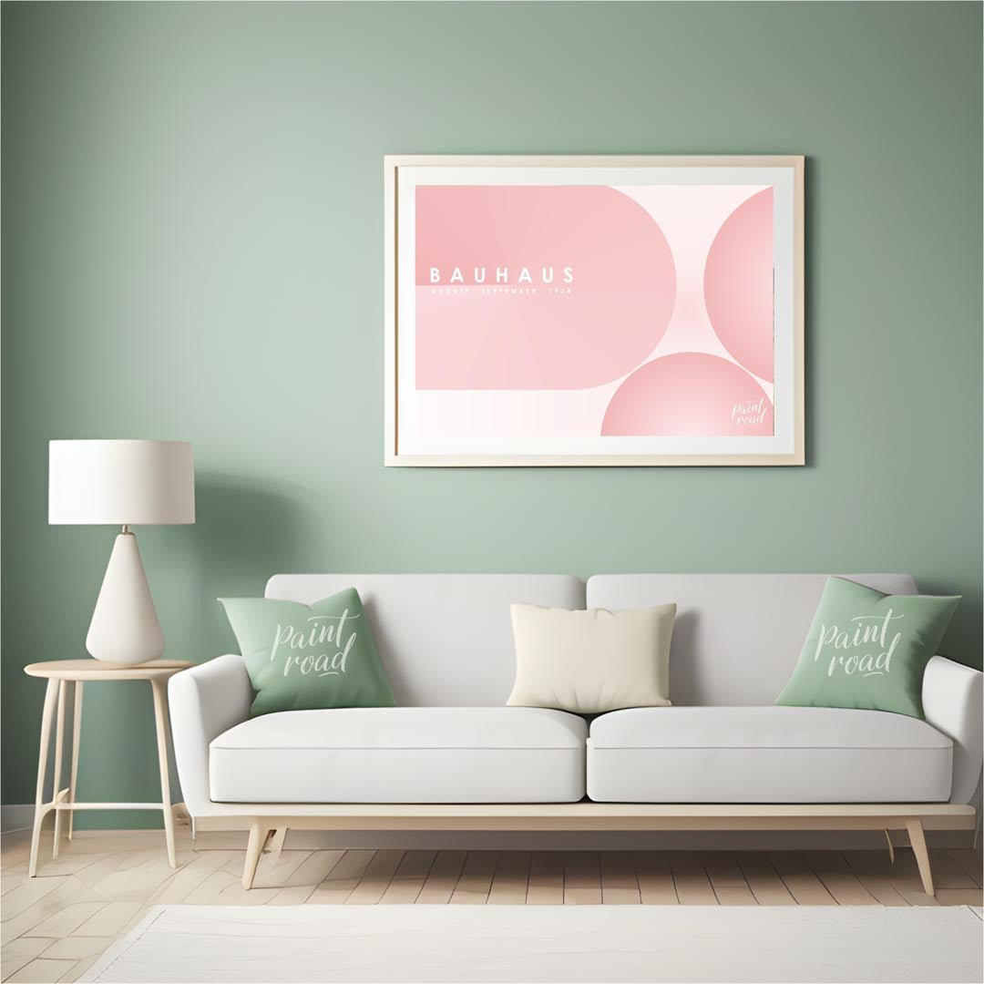 This ethereal Bauhaus-inspired poster features an expansive, soft pink color palette dominated by l… for living room