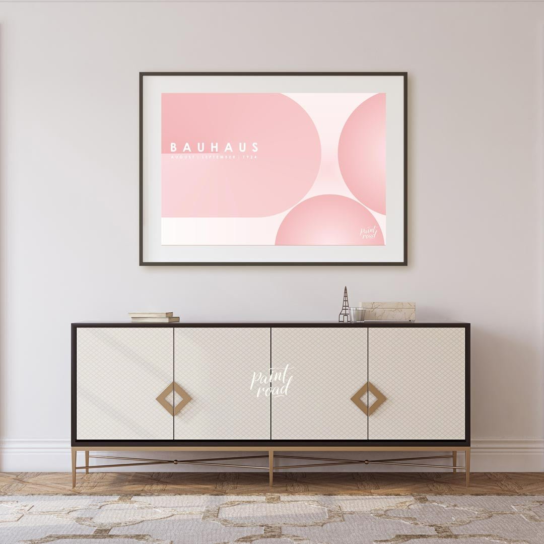 This ethereal Bauhaus-inspired poster features an expansive, soft pink color palette dominated by l… for living room