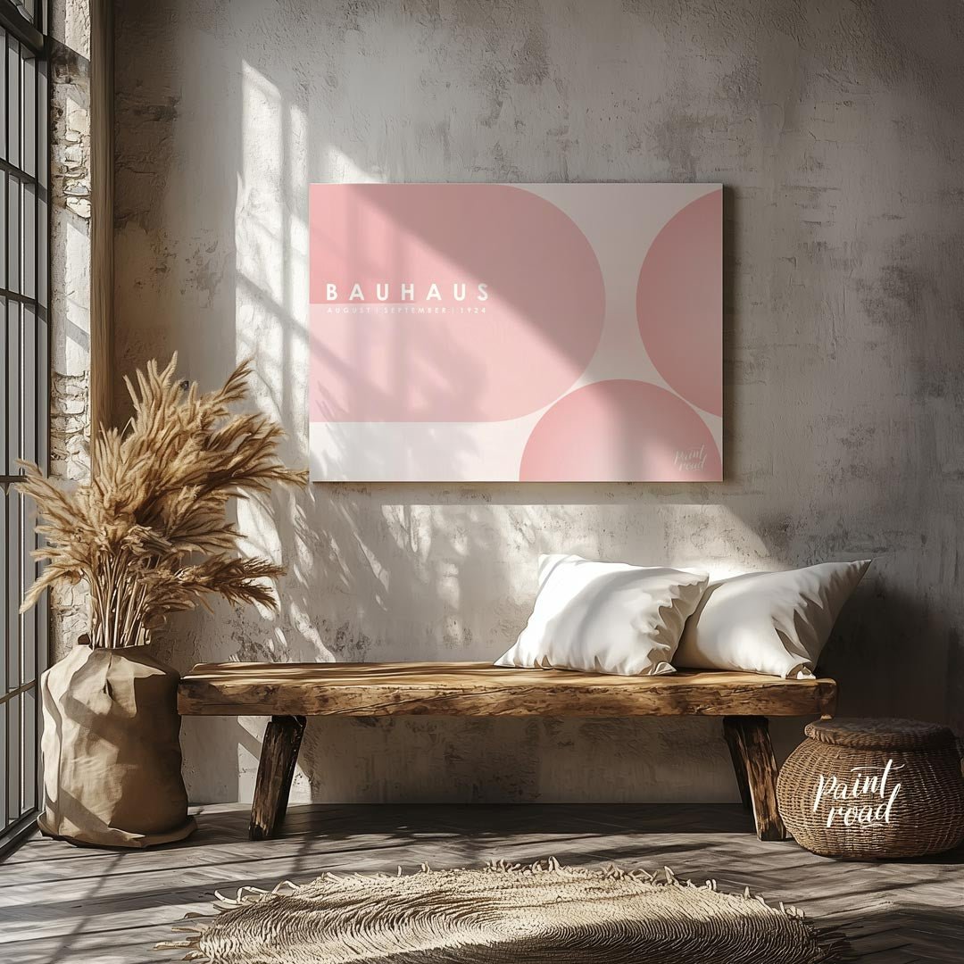 This ethereal Bauhaus-inspired poster features an expansive, soft pink color palette dominated by l… for living room
