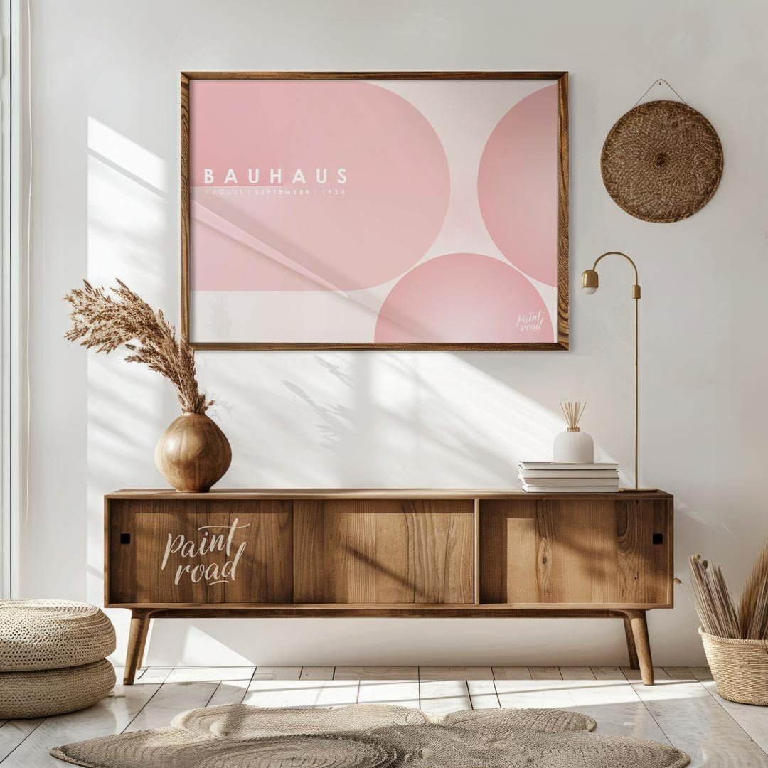 This ethereal Bauhaus-inspired poster features an expansive, soft pink color palette dominated by l… for living room