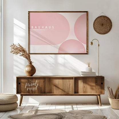 This ethereal Bauhaus-inspired poster features an expansive, soft pink color palette dominated by l… for living room