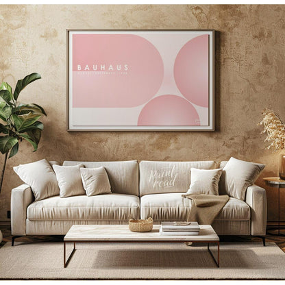 This ethereal Bauhaus-inspired poster features an expansive, soft pink color palette dominated by l… for living room