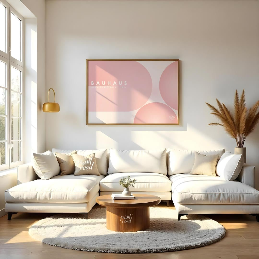 This ethereal Bauhaus-inspired poster features an expansive, soft pink color palette dominated by l… for living room