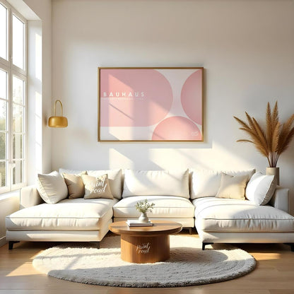 This ethereal Bauhaus-inspired poster features an expansive, soft pink color palette dominated by l… for living room