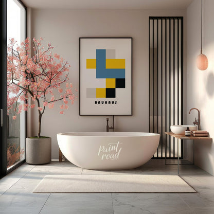 This Bauhaus-inspired poster exemplifies the movement’s use of primary colors and simplified geomet… for bathroom