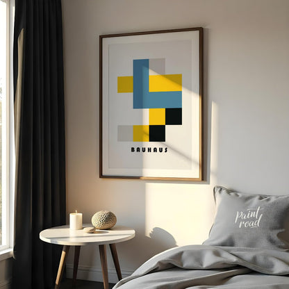 This Bauhaus-inspired poster exemplifies the movement’s use of primary colors and simplified geomet… for bedroom