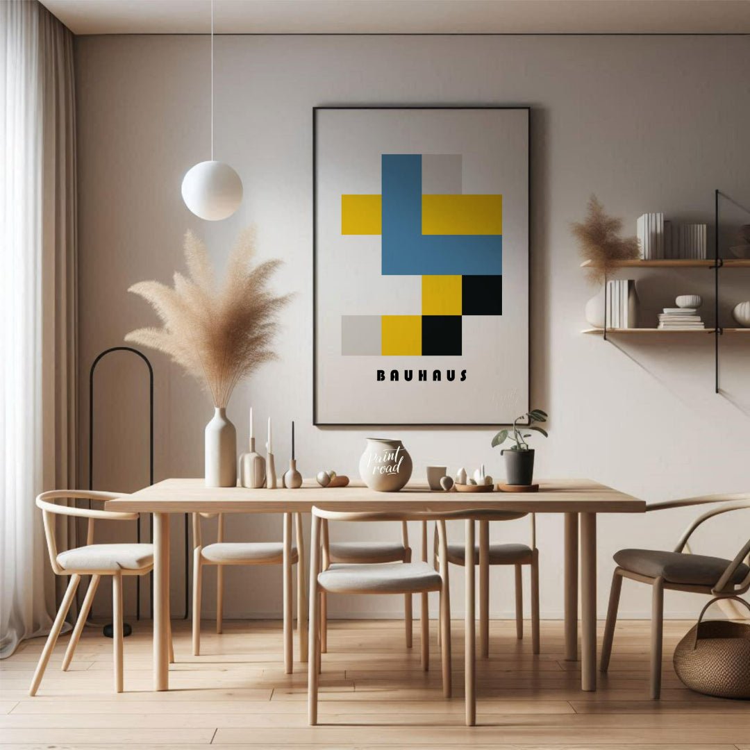 This Bauhaus-inspired poster exemplifies the movement’s use of primary colors and simplified geomet… for dining room
