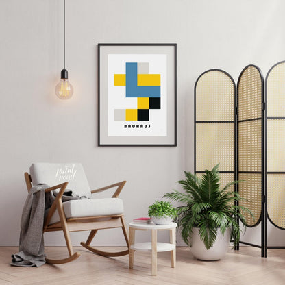 This Bauhaus-inspired poster exemplifies the movement’s use of primary colors and simplified geomet… for living room