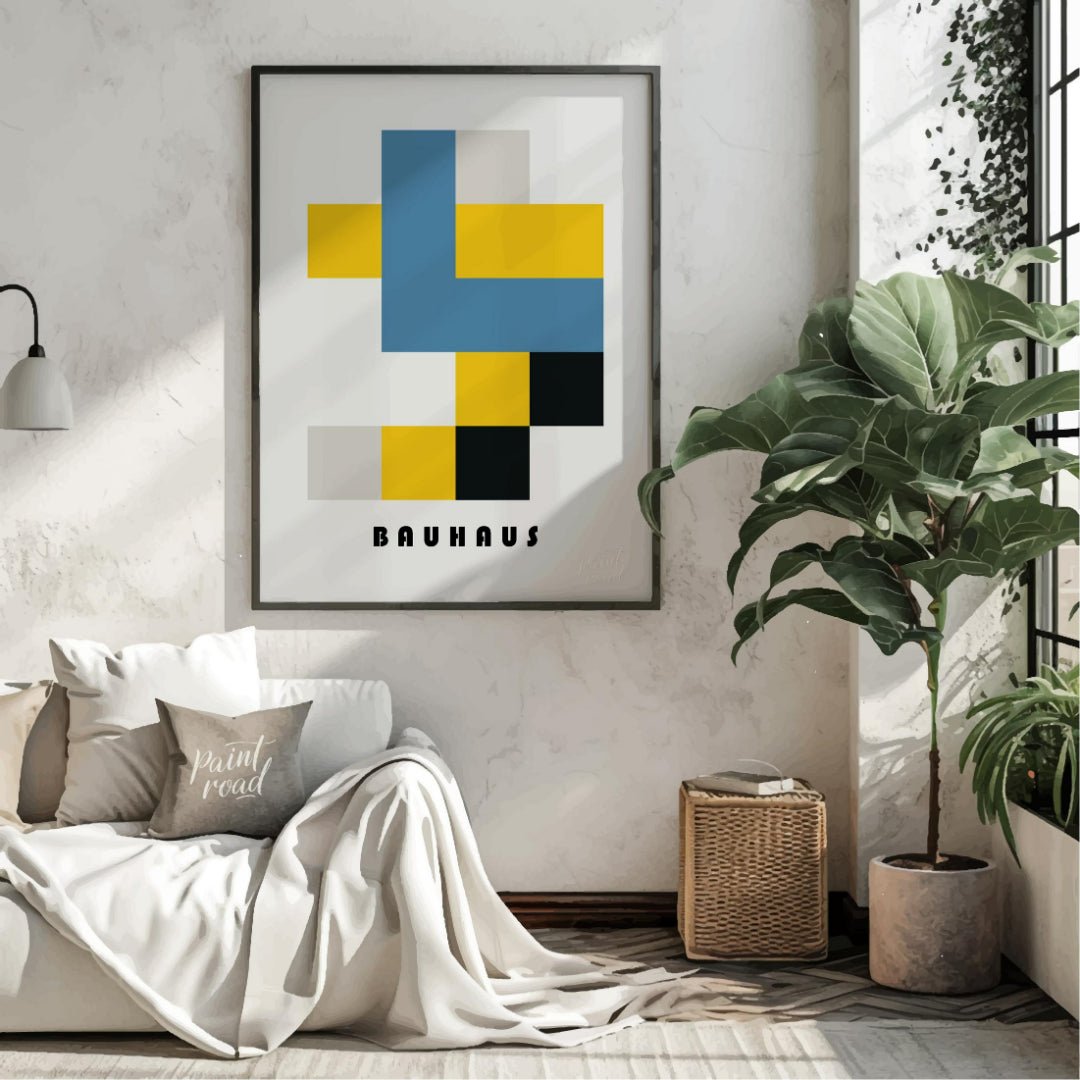This Bauhaus-inspired poster exemplifies the movement’s use of primary colors and simplified geomet… for living room