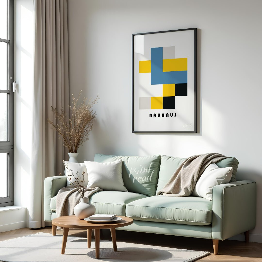 This Bauhaus-inspired poster exemplifies the movement’s use of primary colors and simplified geomet… for living room