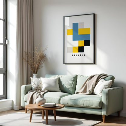 This Bauhaus-inspired poster exemplifies the movement’s use of primary colors and simplified geomet… for living room