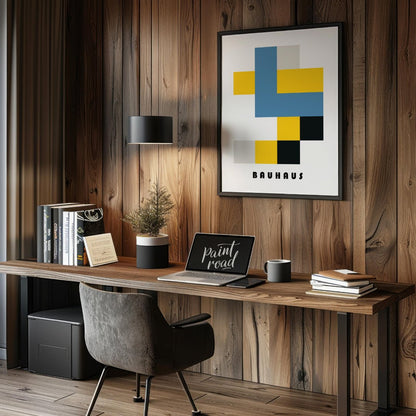 This Bauhaus-inspired poster exemplifies the movement’s use of primary colors and simplified geomet… for office
