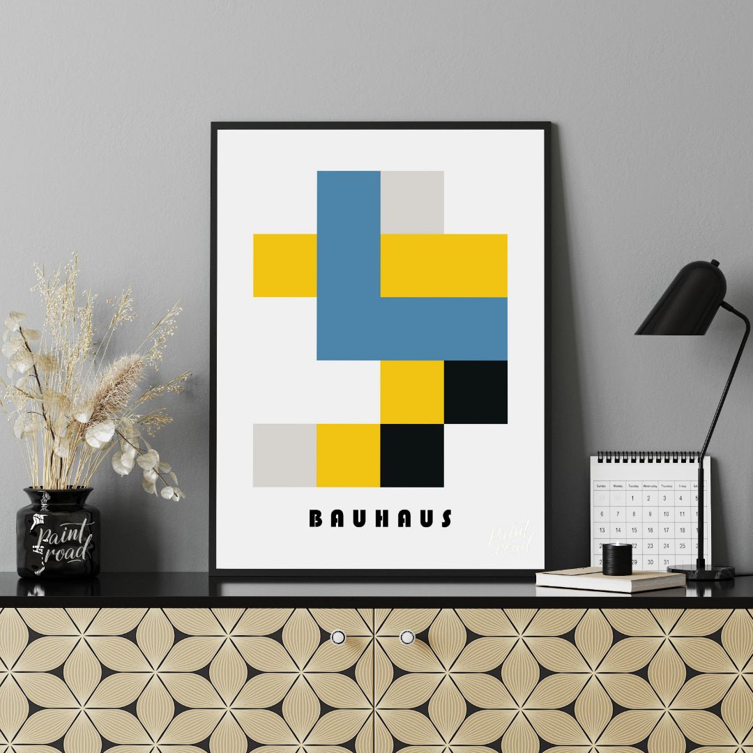 This Bauhaus-inspired poster exemplifies the movement’s use of primary colors and simplified geomet… for office