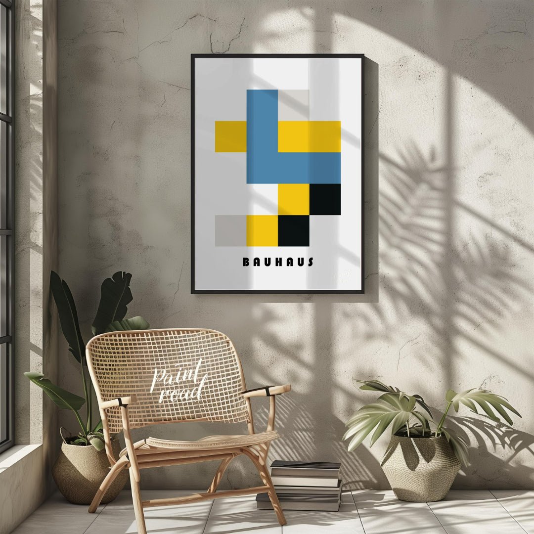 This Bauhaus-inspired poster exemplifies the movement’s use of primary colors and simplified geomet… for other
