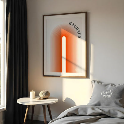 This minimalist Bauhaus-inspired poster features a striking central arch motif, composed of concent… for bedroom