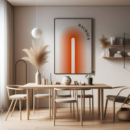 This minimalist Bauhaus-inspired poster features a striking central arch motif, composed of concent… for dining room
