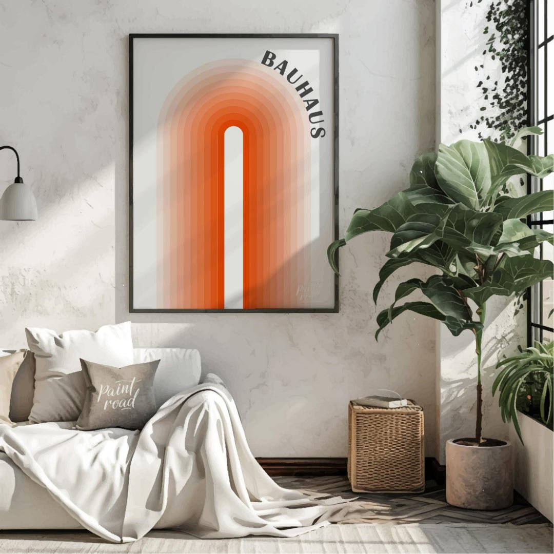 This minimalist Bauhaus-inspired poster features a striking central arch motif, composed of concent… for living room