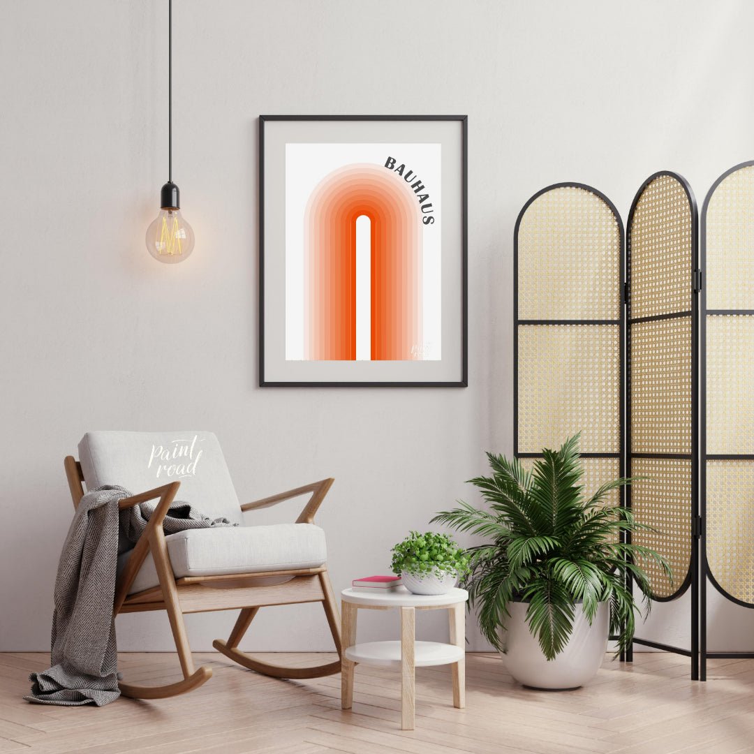 This minimalist Bauhaus-inspired poster features a striking central arch motif, composed of concent… for living room