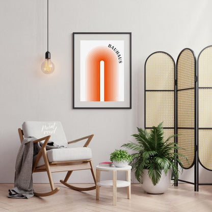 This minimalist Bauhaus-inspired poster features a striking central arch motif, composed of concent… for living room