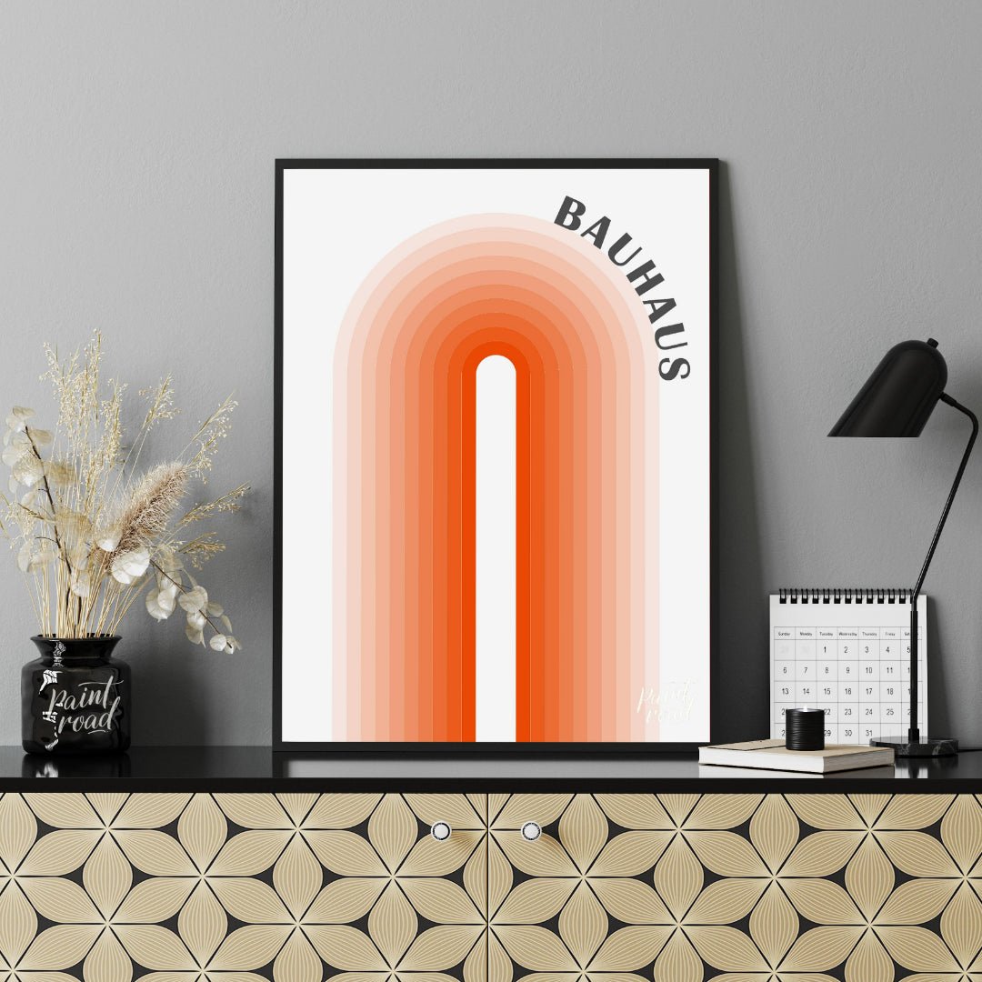 This minimalist Bauhaus-inspired poster features a striking central arch motif, composed of concent… for office