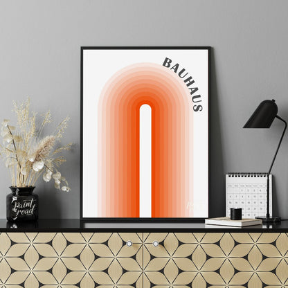 This minimalist Bauhaus-inspired poster features a striking central arch motif, composed of concent… for office