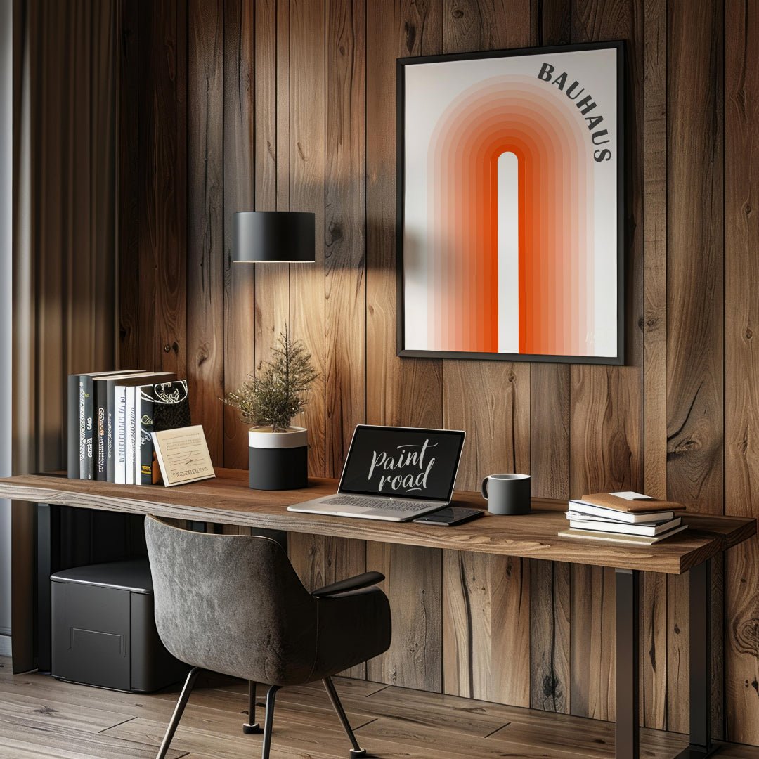 This minimalist Bauhaus-inspired poster features a striking central arch motif, composed of concent… for office
