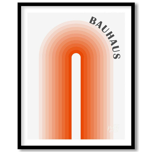This minimalist Bauhaus-inspired poster features a striking central arch motif, composed of concent… for space