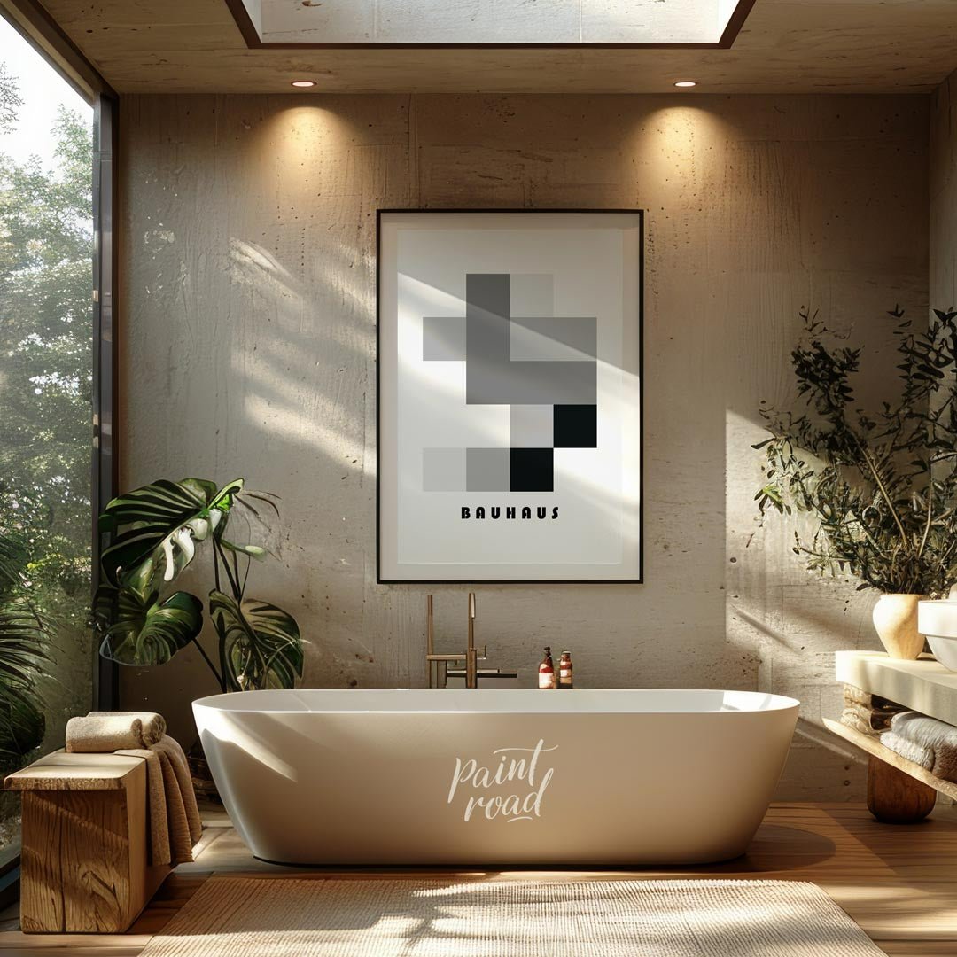 This striking Bauhaus-inspired poster showcases a composition of interlocking rectangles and square… for bathroom