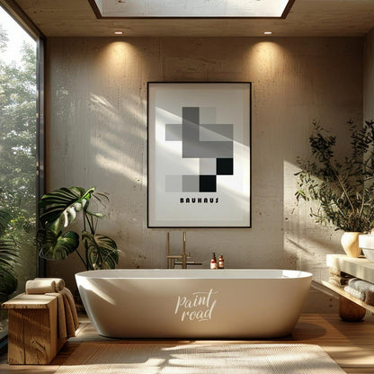 This striking Bauhaus-inspired poster showcases a composition of interlocking rectangles and square… for bathroom