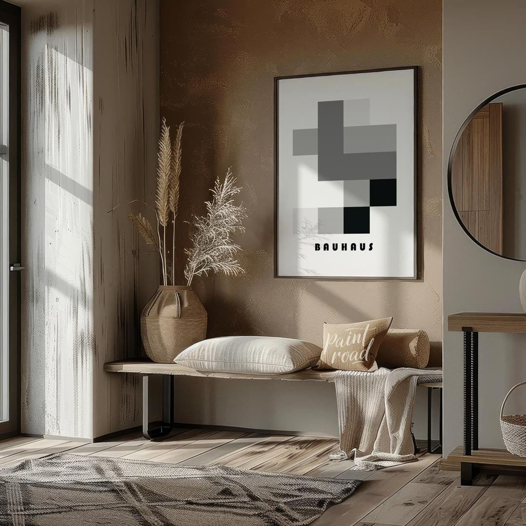 This striking Bauhaus-inspired poster showcases a composition of interlocking rectangles and square… for entryway