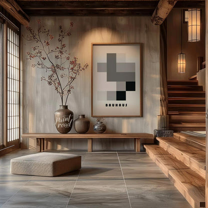 This striking Bauhaus-inspired poster showcases a composition of interlocking rectangles and square… for entryway