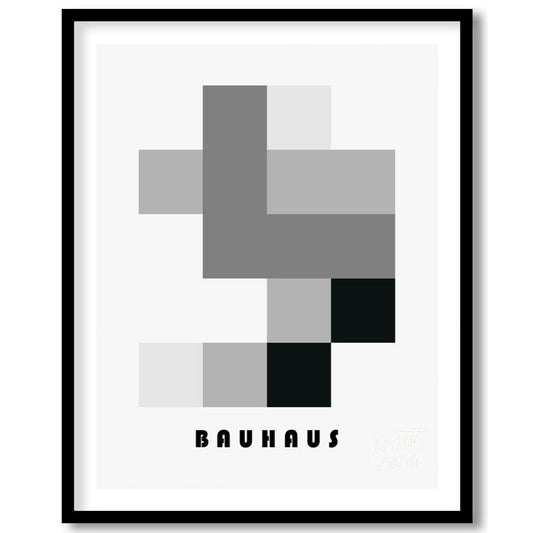 This striking Bauhaus-inspired poster showcases a composition of interlocking rectangles and square… for house