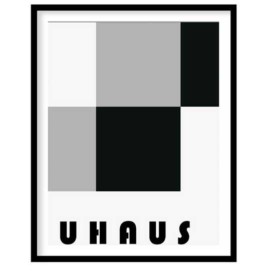 This striking Bauhaus-inspired poster showcases a composition of interlocking rectangles and square… for house