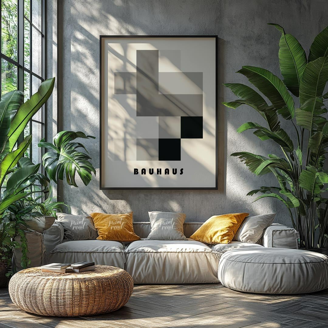 This striking Bauhaus-inspired poster showcases a composition of interlocking rectangles and square… for living room