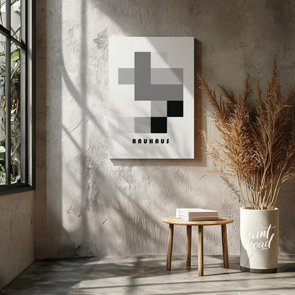 This striking Bauhaus-inspired poster showcases a composition of interlocking rectangles and square… for living room