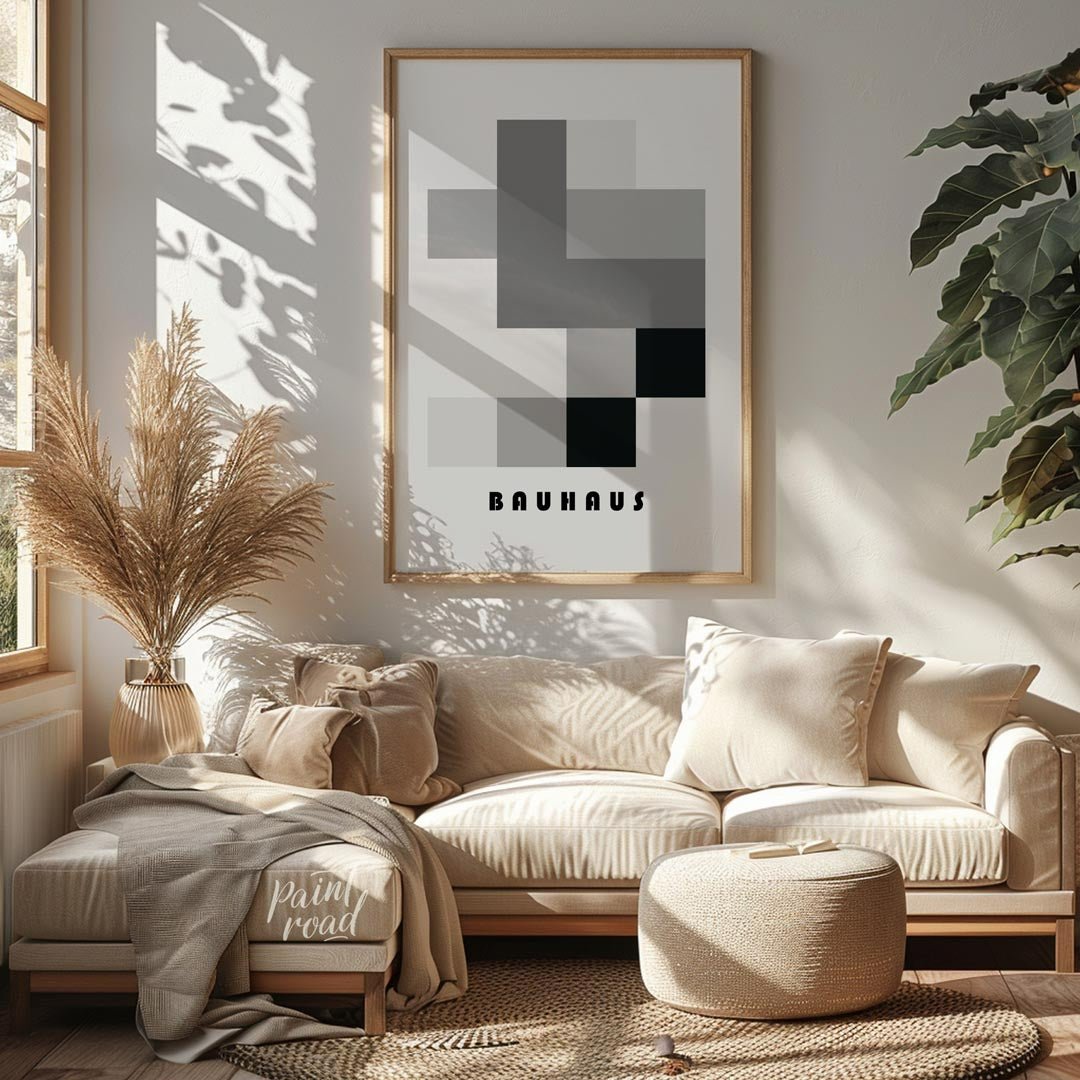 This striking Bauhaus-inspired poster showcases a composition of interlocking rectangles and square… for living room