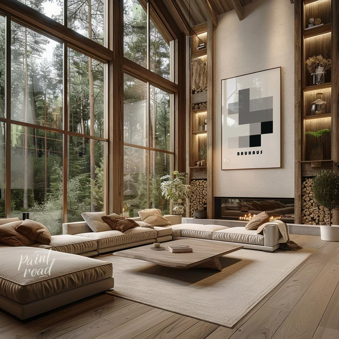 This striking Bauhaus-inspired poster showcases a composition of interlocking rectangles and square… for living room