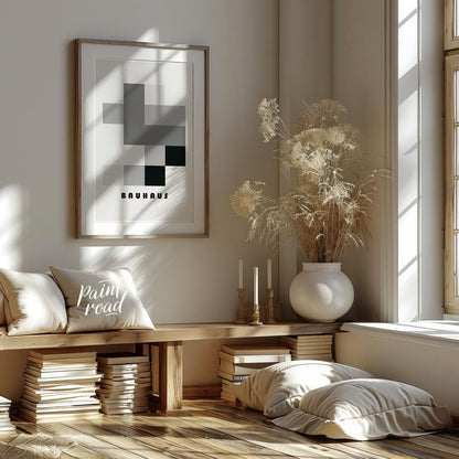 This striking Bauhaus-inspired poster showcases a composition of interlocking rectangles and square… for living room
