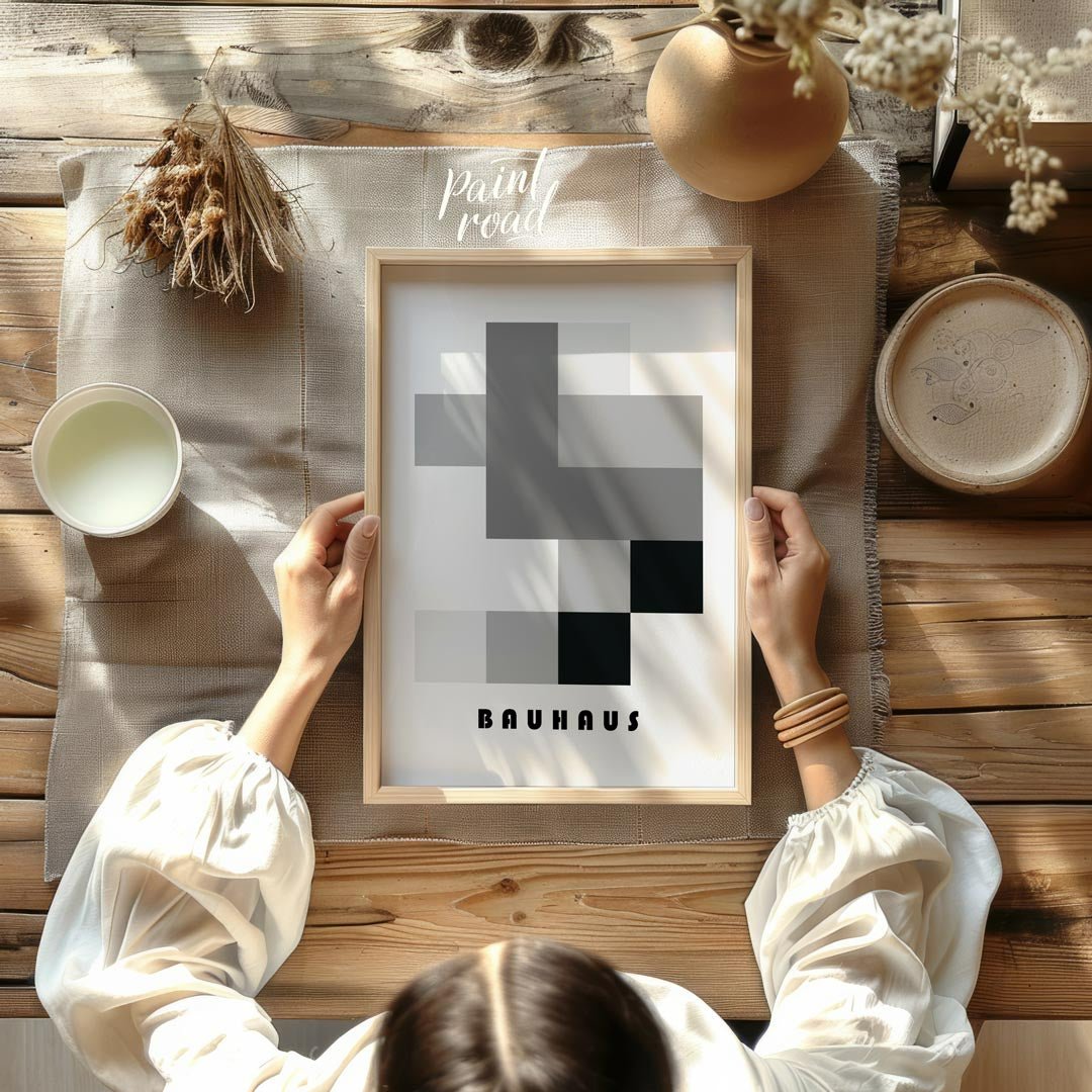 This striking Bauhaus-inspired poster showcases a composition of interlocking rectangles and square… for other