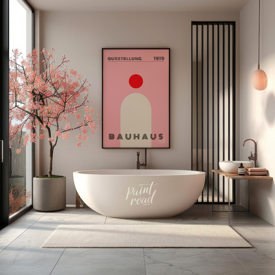 This minimalist Bauhaus poster features a bold red circle positioned above a large, light beige arc… for bathroom