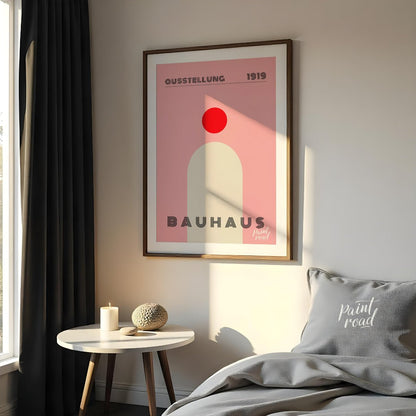 This minimalist Bauhaus poster features a bold red circle positioned above a large, light beige arc… for bedroom
