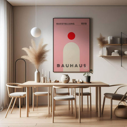 This minimalist Bauhaus poster features a bold red circle positioned above a large, light beige arc… for dining room