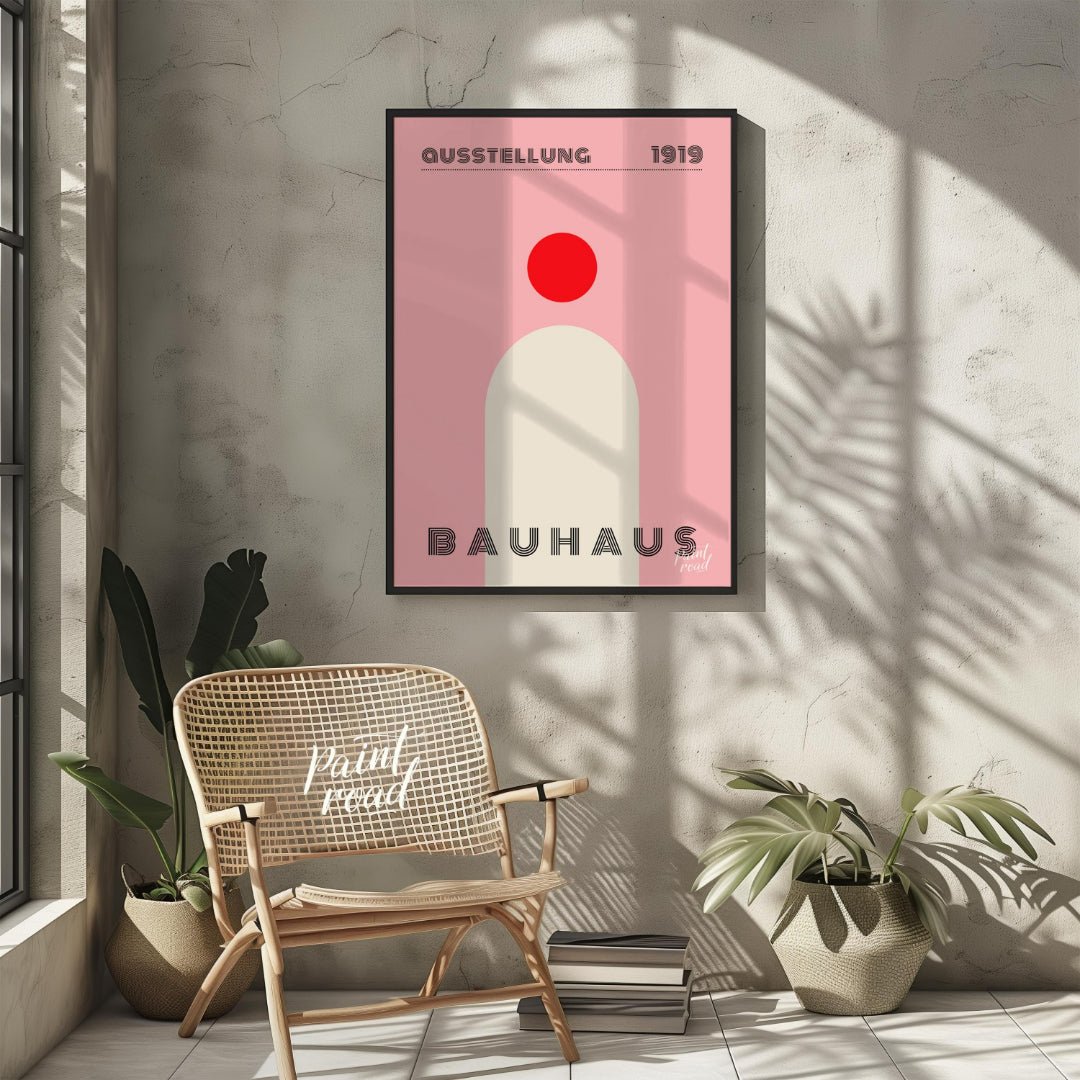 This minimalist Bauhaus poster features a bold red circle positioned above a large, light beige arc… for living room