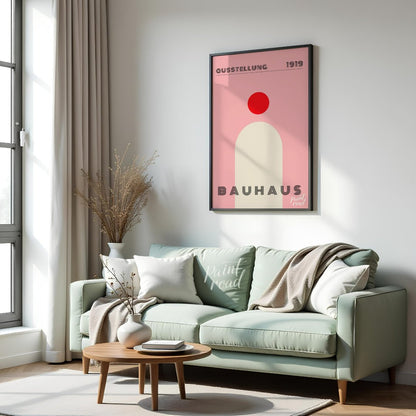 This minimalist Bauhaus poster features a bold red circle positioned above a large, light beige arc… for living room
