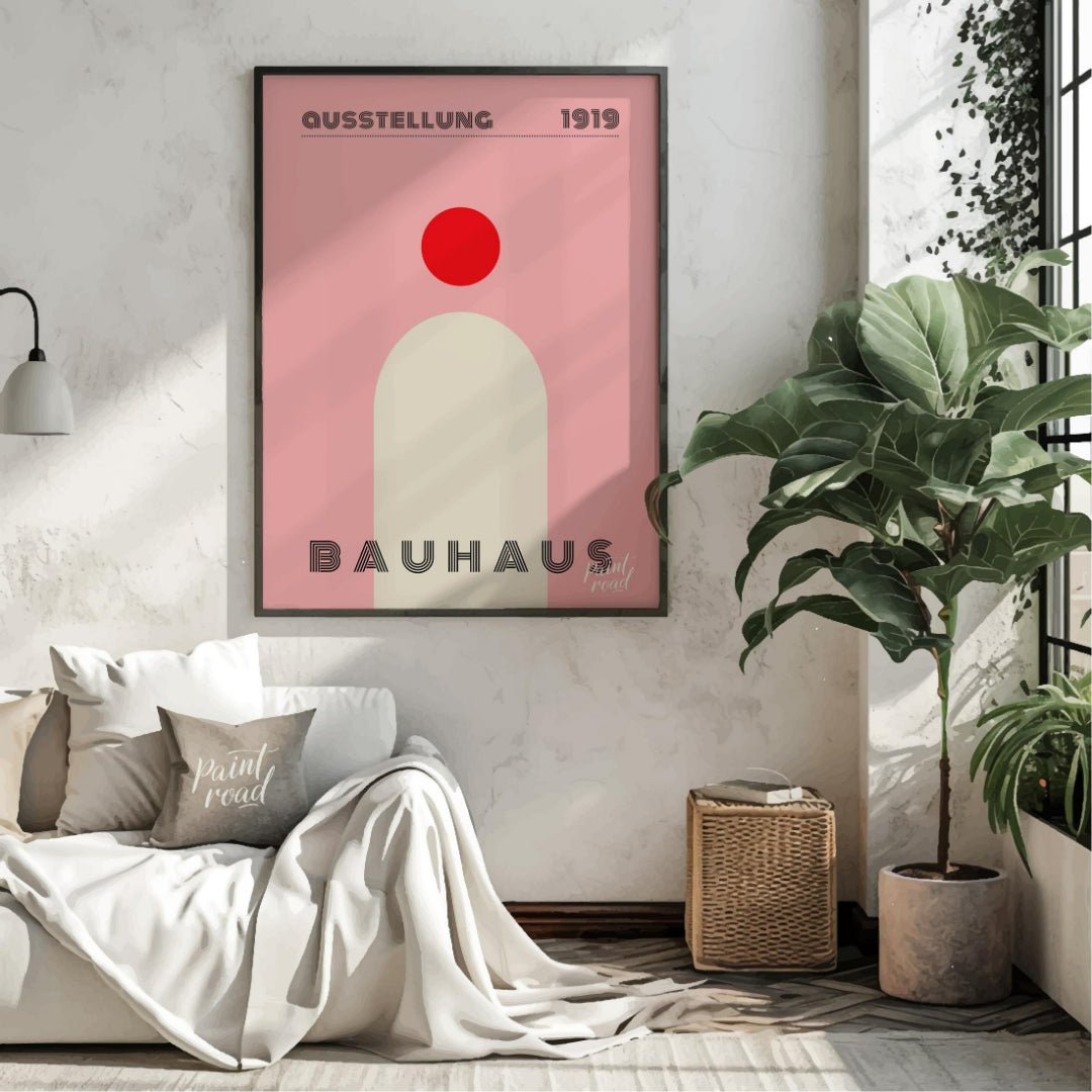 This minimalist Bauhaus poster features a bold red circle positioned above a large, light beige arc… for living room