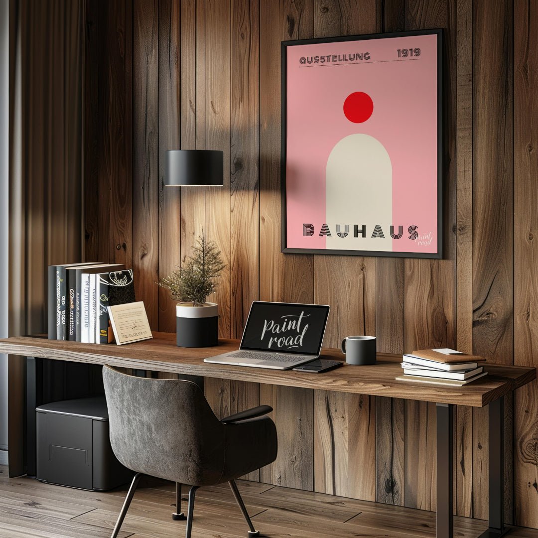 This minimalist Bauhaus poster features a bold red circle positioned above a large, light beige arc… for office