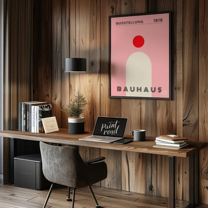 This minimalist Bauhaus poster features a bold red circle positioned above a large, light beige arc… for office